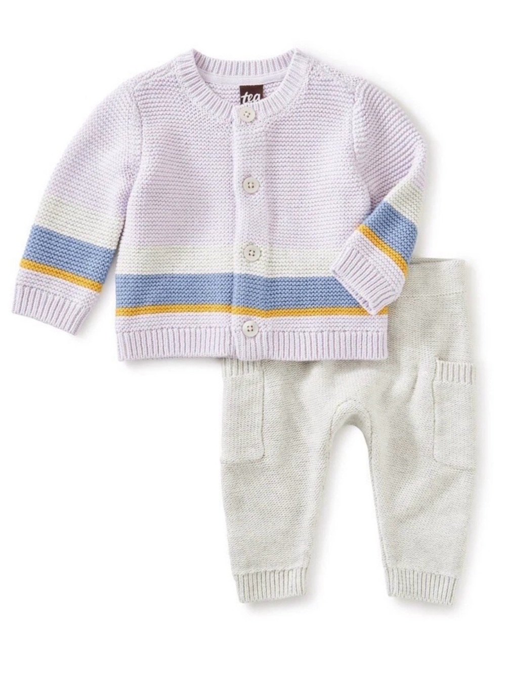 Tea Collection Lavender Knit Cardigan Set —Lavender Sweater with Gray Pants 6m